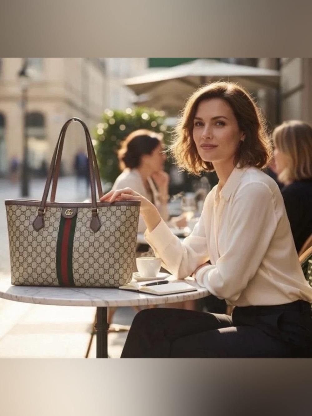 Gucci Beige GG Supreme Tote with Brown Trim and Green-Red Web. Comes w/COA.